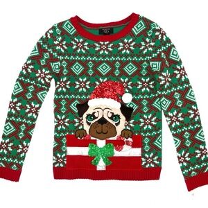 Girls Holiday Christmas Sweater Pug Dog Sequin Green It’s Our Time Size XL Cute